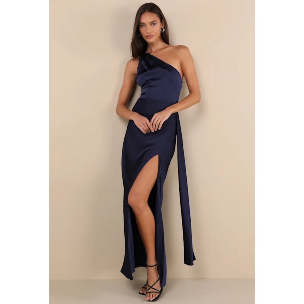 Lulu's Signature Elegance Navy One-Shoulder Maxi Dress
